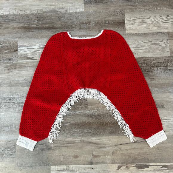 Handmade Crochet Sweater Red White Heart Fringe Festival Top Valentine Boho - Picture 5 of 7